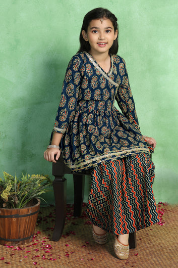 Girls Dark Blue Cotton Angarkha Printed Flared Kurta With Sharara Set