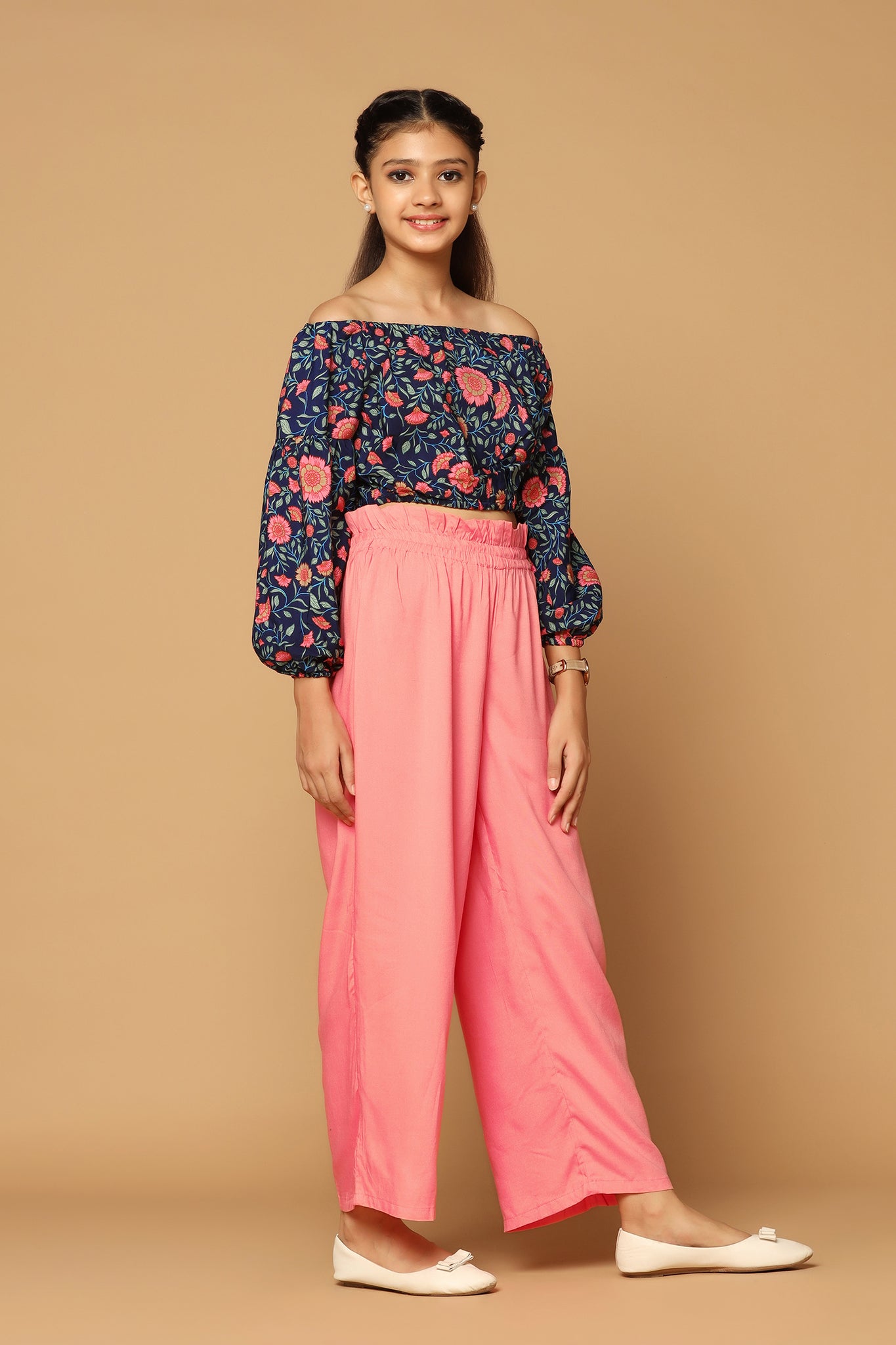 Buy Multi Color Chinon Printed Floral V-neck Crop Top With Palazzo