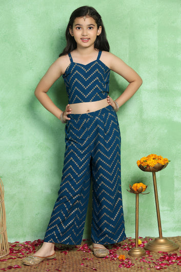 Girls Teal Georgette Leheriya Printed Crop Top And Shrug With Palazzo Set