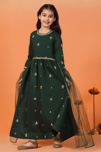 Girls Green Chanderi Silk Embroidered Maxi Dress With Dupatta