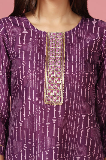 Women's Purple Poly Muslin Printed Kurta And Pant Set