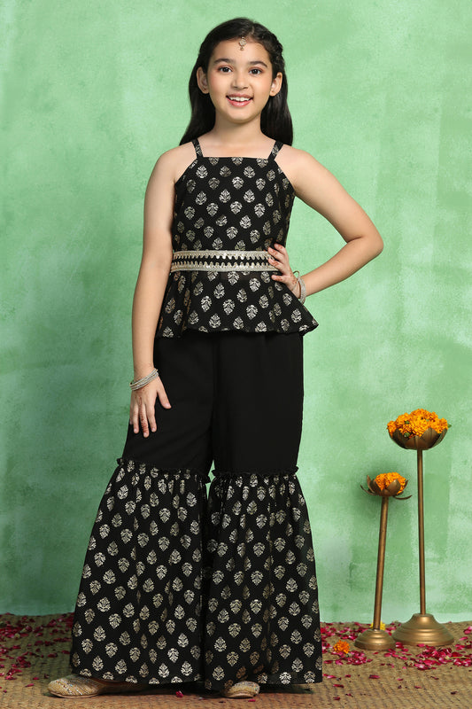 Girls Black Georgette Printed Peplum Style Kurta With Sharara Set