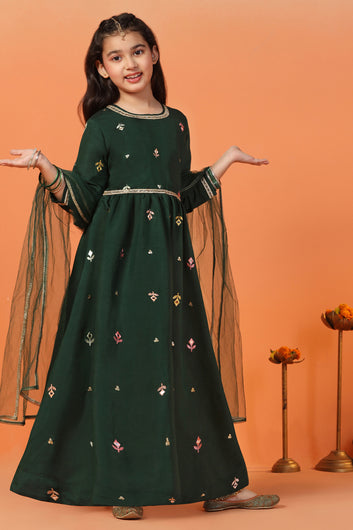 Girls Green Chanderi Silk Embroidered Maxi Dress With Dupatta