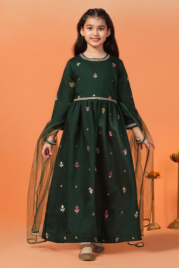 Girls Green Chanderi Silk Embroidered Maxi Dress With Dupatta