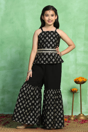 Girls Black Georgette Printed Peplum Style Kurta With Sharara Set