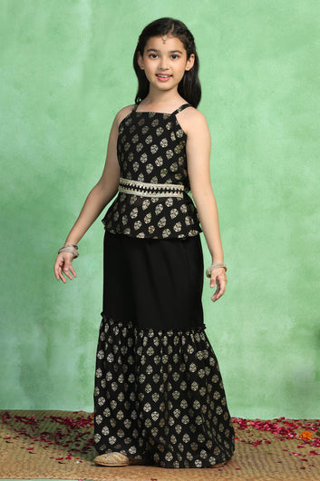 Girls Black Georgette Printed Peplum Style Kurta With Sharara Set