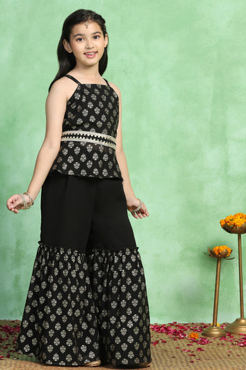 Girls Black Georgette Printed Peplum Style Kurta With Sharara Set