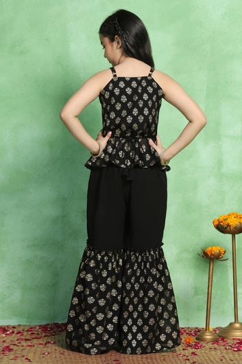 Girls Black Georgette Printed Peplum Style Kurta With Sharara Set