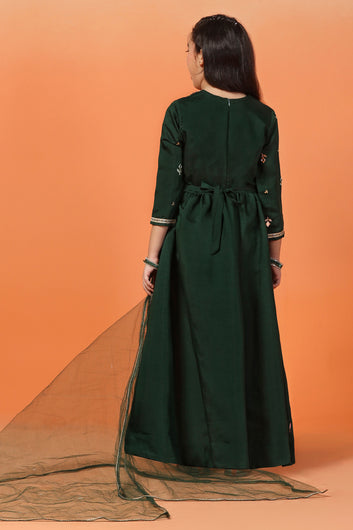 Girls Green Chanderi Silk Embroidered Maxi Dress With Dupatta
