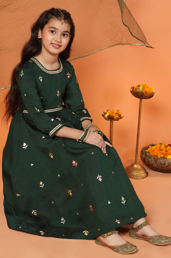 Girls Green Chanderi Silk Embroidered Maxi Dress With Dupatta