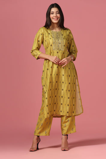 Women's Yellow Poly Muslin Printed Kurta And Pant Set