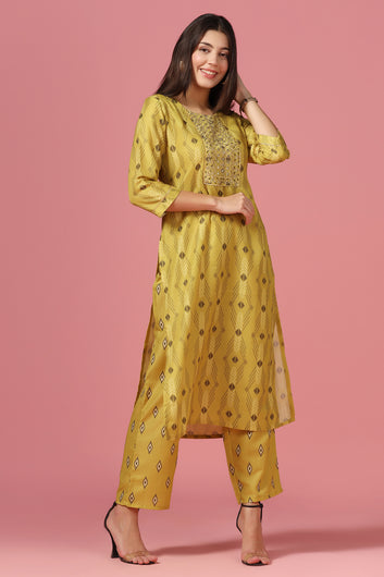 Women's Yellow Poly Muslin Printed Kurta And Pant Set