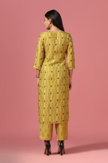Women's Yellow Poly Muslin Printed Kurta And Pant Set