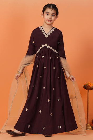 Girls Brown Embroidered Chanderi Fit & Flare Empire Waist Maxi Length Dress With Dupatta Set