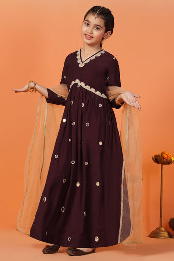 Girls Brown Embroidered Chanderi Fit & Flare Empire Waist Maxi Length Dress With Dupatta Set