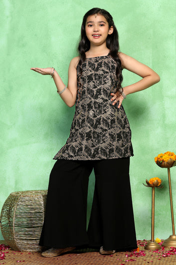 Girls Black Georgette Printed Kurta With Sharara Set