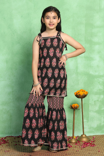 Girls Black Cotton Printed Straight Style Kurta With Sharara Set