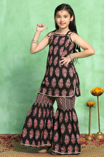 Girls Black Cotton Printed Straight Style Kurta With Sharara Set