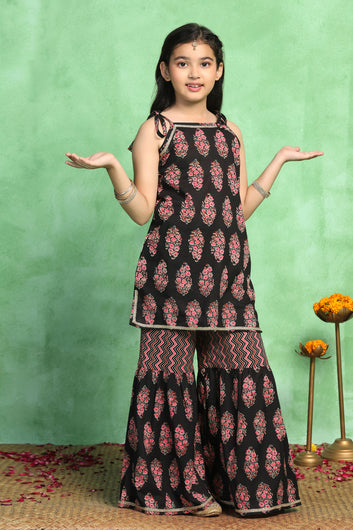 Girls Black Cotton Printed Straight Style Kurta With Sharara Set