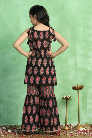 Girls Black Cotton Printed Straight Style Kurta With Sharara Set