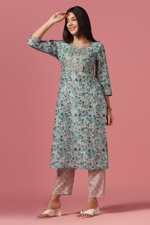 Women's Beige Poly Muslin Printed Kurta And Pant Set