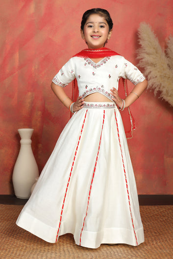 Girls Off White Roman Silk Embroidered Lehenga Choli With Dupatta Set Traditional 3-Piece Festive Outfit for Kids