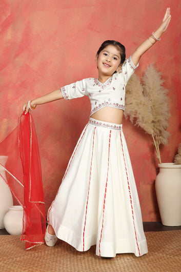 Girls Off White Roman Silk Embroidered Lehenga Choli With Dupatta Set Traditional 3-Piece Festive Outfit for Kids