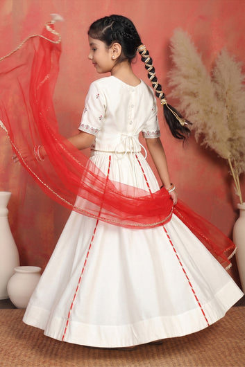 Girls Off White Roman Silk Embroidered Lehenga Choli With Dupatta Set Traditional 3-Piece Festive Outfit for Kids