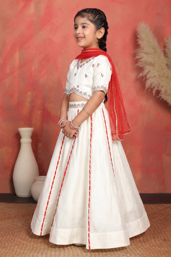 Girls Off White Roman Silk Embroidered Lehenga Choli With Dupatta Set Traditional 3-Piece Festive Outfit for Kids