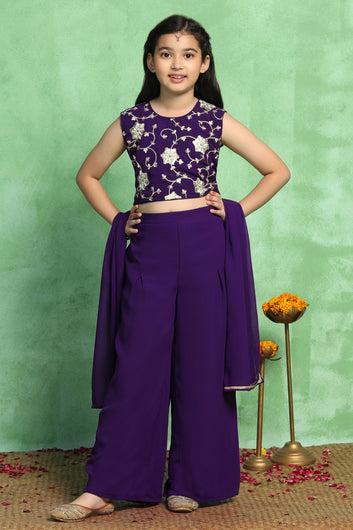 Girls Violet Georgette Embroidered Crop Top Palazzo and Dupatta Set