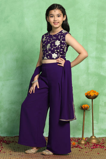 Girls Violet Georgette Embroidered Crop Top Palazzo and Dupatta Set