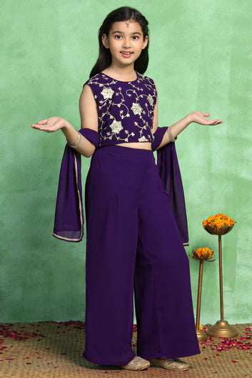 Girls Violet Georgette Embroidered Crop Top Palazzo and Dupatta Set