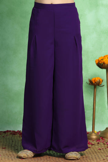 Girls Violet Georgette Embroidered Crop Top Palazzo and Dupatta Set