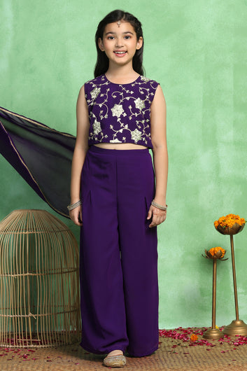 Girls Violet Georgette Embroidered Crop Top Palazzo and Dupatta Set