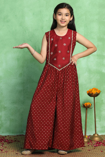 Girl's Maroon Chanderi Silk Embroidered Jumpsuit