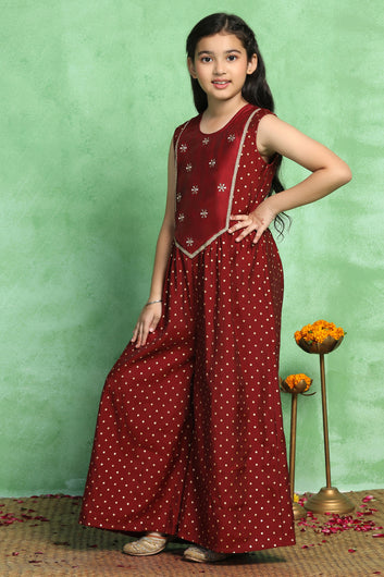 Girl's Maroon Chanderi Silk Embroidered Jumpsuit