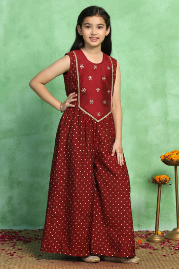 Girl's Maroon Chanderi Silk Embroidered Jumpsuit
