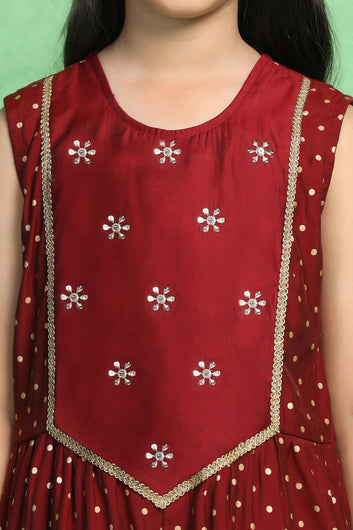 Girl's Maroon Chanderi Silk Embroidered Jumpsuit