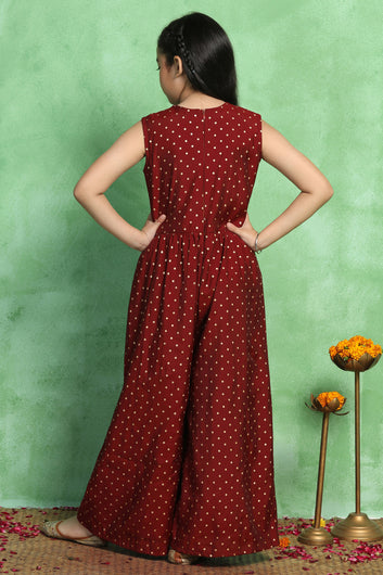 Girl's Maroon Chanderi Silk Embroidered Jumpsuit