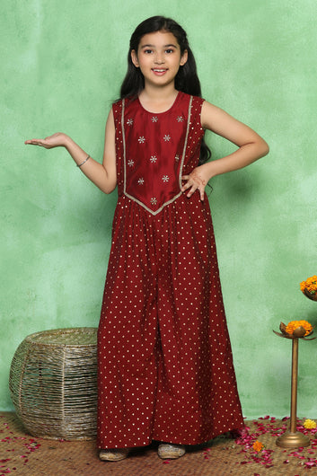 Girl's Maroon Chanderi Silk Embroidered Jumpsuit