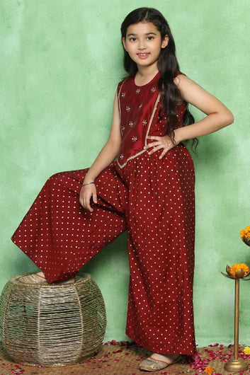 Girl's Maroon Chanderi Silk Embroidered Jumpsuit