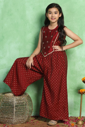 Girl's Maroon Chanderi Silk Embroidered Jumpsuit