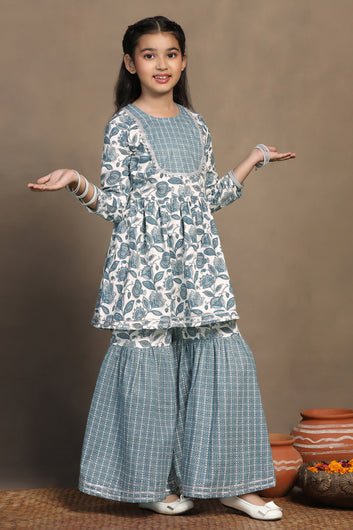 Girls Blue Cotton Floral Printed Kurta With Sharara Set