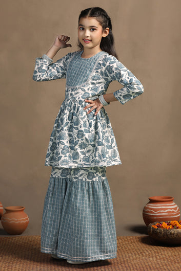 Girls Blue Cotton Floral Printed Kurta With Sharara Set