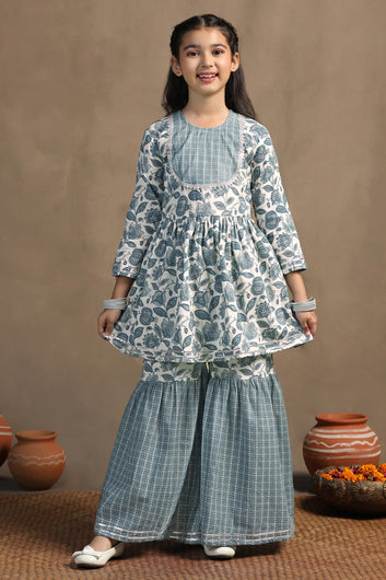 Girls Blue Cotton Floral Printed Kurta With Sharara Set