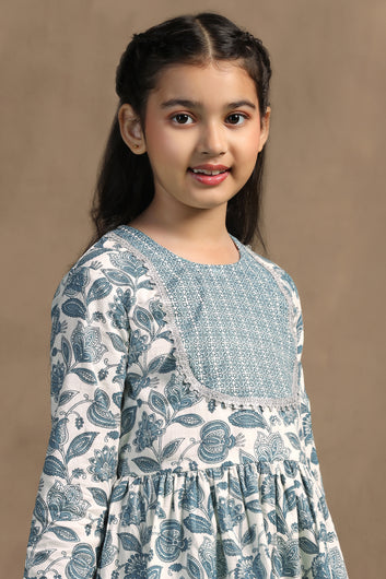 Girls Blue Cotton Floral Printed Kurta With Sharara Set