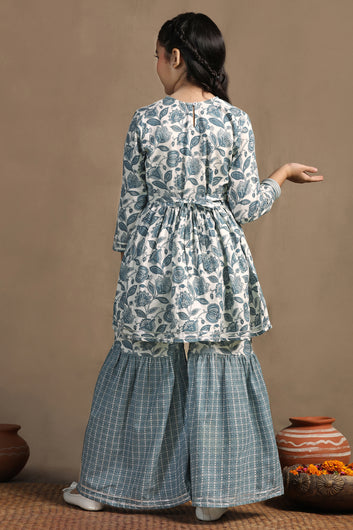 Girls Blue Cotton Floral Printed Kurta With Sharara Set