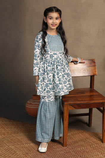 Girls Blue Cotton Floral Printed Kurta With Sharara Set