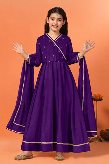 Girls Purple Silk Blend Embroidered Fit and Flare Maxi Dress and Dupatta Set