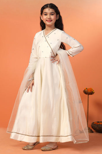 Girls Off White Chanderi Embroidered Fit & Flare Anarkali Maxi Length Dress